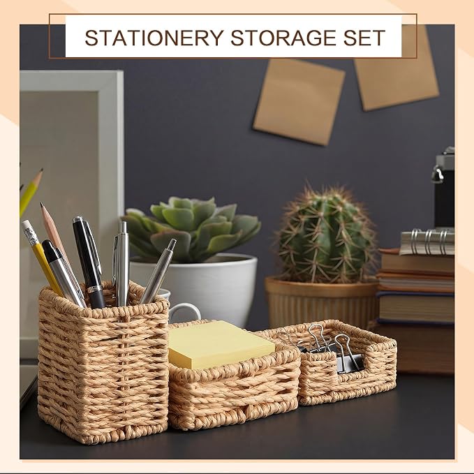 Khaki Paper Rope Woven Desk Organizer Set of 3 Natural Desktop Accessories Pencil Pen Cup Paper Clip Storage and Sticky Note Holder for Women Men Farmhouse Office Home Desktop Table Decor