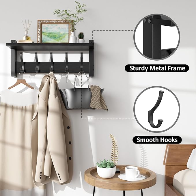 Optish Coat Rack Wall Mount with Shelf, 17.1 Inch Coat Hanger Walls Mounted, Hat Rack for Walls, Shelf with 5 Coat Hooks, Wall Hanger for Entryway (Black)