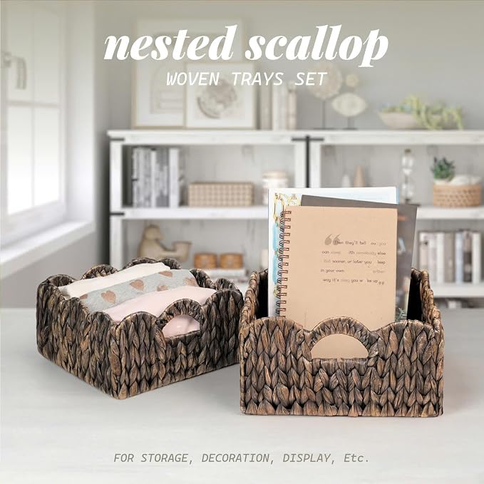 Scalloped Baskets (Natural-Set of 2) Basket Living Room Organizer, Water Hyacinth Baskets For Decor, Woven Basket Boho Style for Bathroom, Bedroom, Laundr,...Iron Frame.