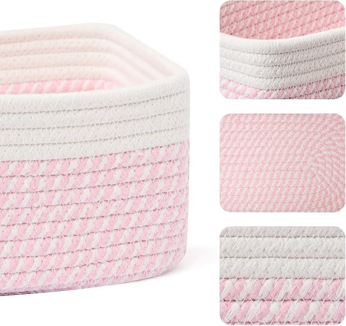 MiniArk Small Storage Baskets for Organizing | Closet Organizer Bins | Shelf Toy Basket | Woven Rope Baskets | Cube Decorative Box | Shallow Basket | 11.5x7.5x4.7” | 3 Packs White Pink