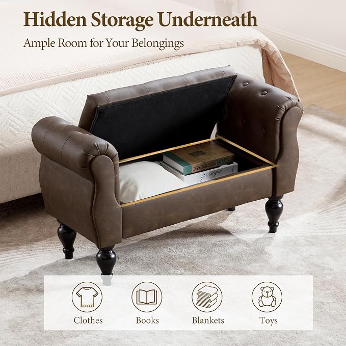 Storage Bench with Arms End of Bed Bench,Pu Leather Entryway Bench with Storage, Button Tufted Upholstered Ottoman Bench Wood Legs, Window Sitting Bench for Bedroom/Living Room/Hallway, Brown
