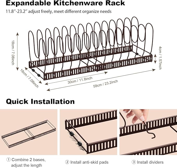 Housolution Pot and Pan Lid Organizer Holder Storage Rack, Bronze | 12"-23" Expandable, 14 Adjustable Dividers, Sturdy Metal Construction, Easy Assembly