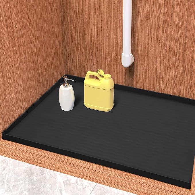 URMONA Waterproof Silicone Under Sink Mat 22'' x 14'' Shelf Liner for Kitchen and Bathroom, Cabinet and Counter Protector, Storage and Organizers, Litter Mat, Pet Cat Puppy Essentials(Black)