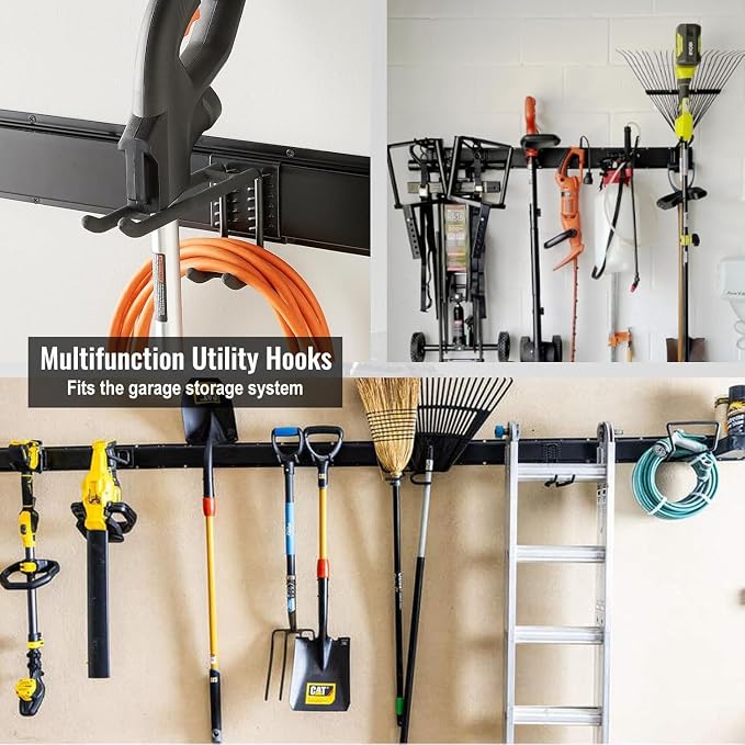 Aking Ace Wall Mount Tool Storage Rack, Heavy Duty Garage Storage Tool Organizer, Garden Tool Wall Hooks and Hangers, Hold Up to 350lbs (Black 6pcs)