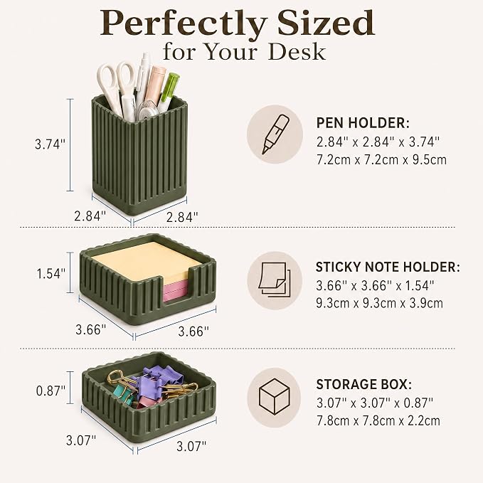 Desk Organizer Set of 3 for Office Accessories - Includes Pen Holder, Paperclip Storage, and Sticky Note Holder - Aesthetic Concrete Desktop Accessories for Women or Men, Office Decor (Green)
