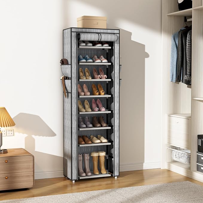 VILICK Shoe Rack with Cover Narrow Shoe Rack Organizer with 4 Side Pockets 10 Tier Tall Shoe Storage Shoe Shelf Holds 18-22 Pairs Shoes and Boots Shoe Rack for Closet, Printing