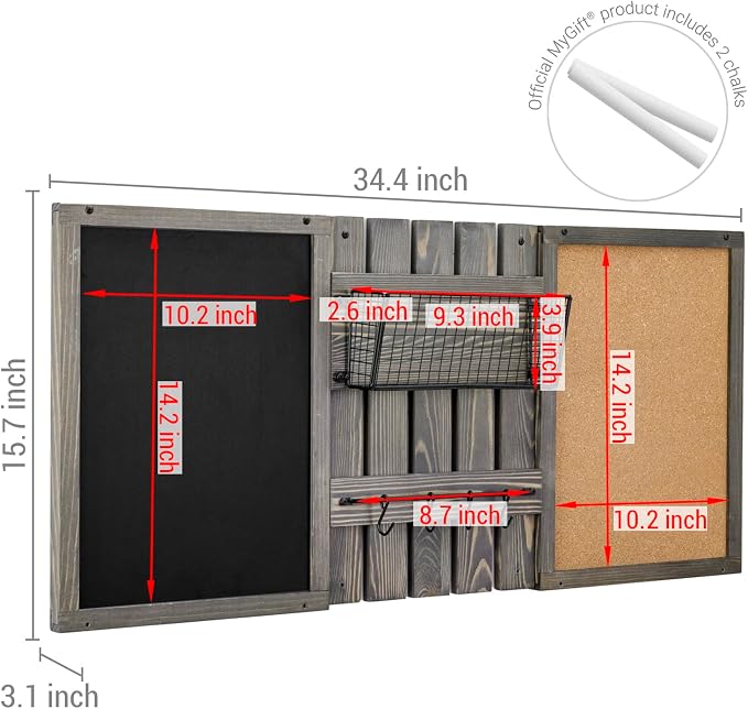 MyGift 3 Panel Gray Solid Wood Bulletin Board Set Chalkboard Cork Board | Wall Mounted Design, Mail Basket Storage, Hanging Rail, Entryway Command Center, Home Office Organization