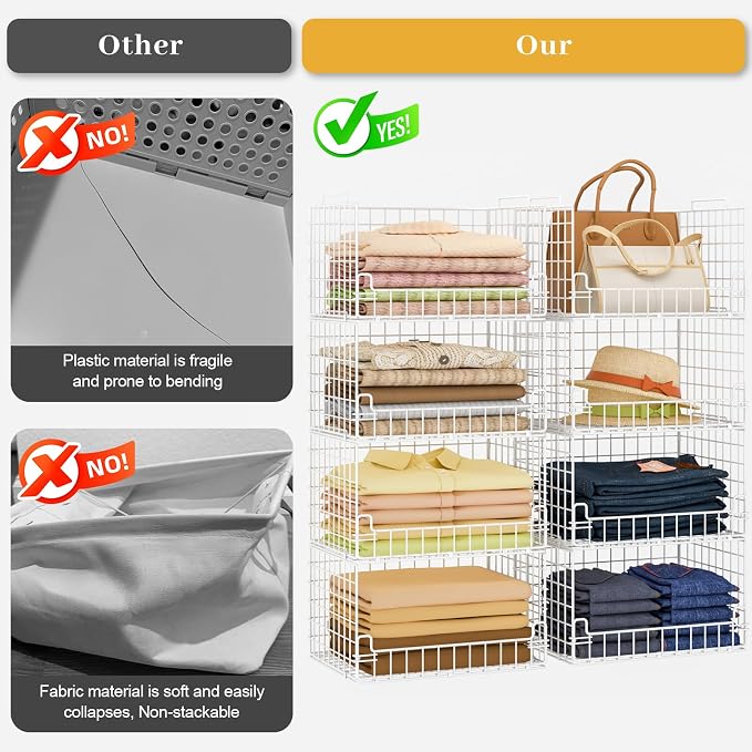 4-Tier Stackable Closet Organizers and Storage Basket - Foldable Closet Shelf Organizer System, Sturdy Metal Space-Saving Clothes Storage Bins for Wardrobe, White