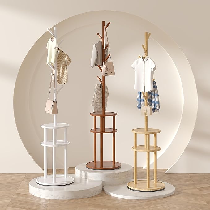 VECELO Coat Rack Freestanding, Entryway Hanger Stand, Umbrella Holder, Hall Tree With Hooks, Floor Standing Tree Stand,Walnut