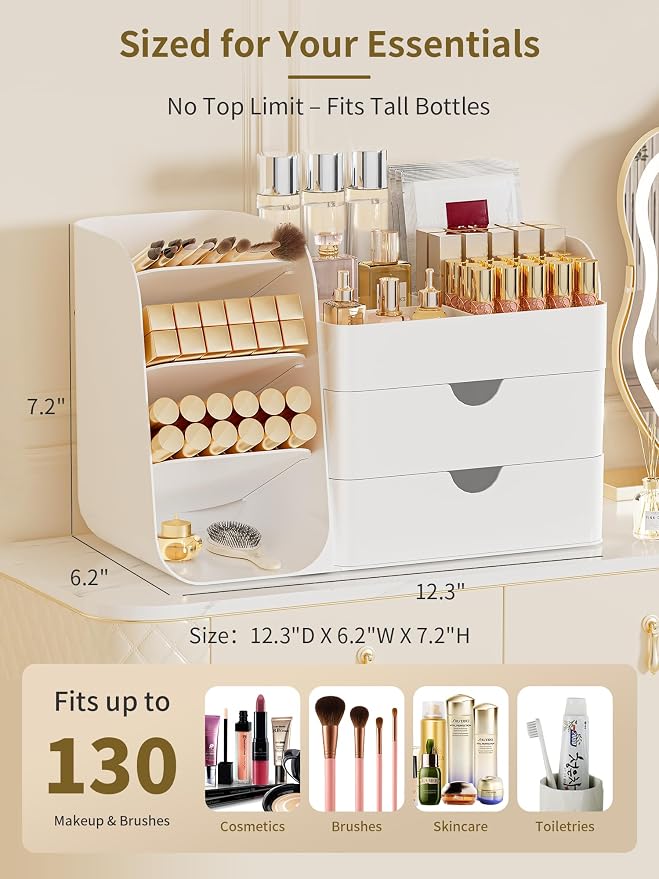 Booklov Small Makeup Organizer for Vanity Countertop, White | Plastic Cosmetic Display Case with Drawers, Beauty Brush Holder for Bathroom Counter, Skin Care Perfumes Storage