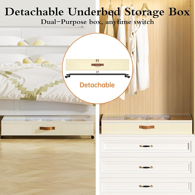 Yecaye Under Bed Storage with Wheels, 65L Under Bed Storage Containers with Adjustable Dividers & Clear Lid, Rolling Underbed Organizer Bins Drawer for Clothes, Shoes, Blankets, 2 Pack