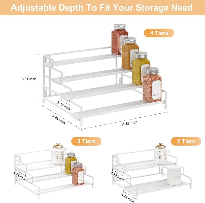 RUILALIFE 4-Tier-Spice-Rack-Organizer-for-Cabinet, Adjustable Depth Spice Holder Shelf For Countertop Pantry Cupboard, Metal Tiered Seasoning Organizer,Display Shelf Riser