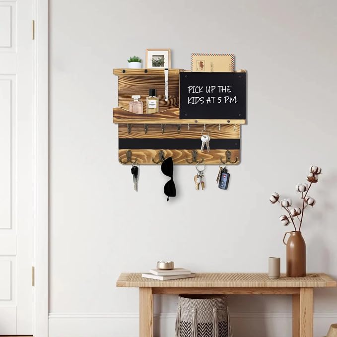 Key Holder for Wall Mount with Shelf and Mail Organizer, Key and Mail Holder with 16 Hooks, Farmhouse Entryway Organizer, Home Decor Rack(Pine Wood, Wood Color)
