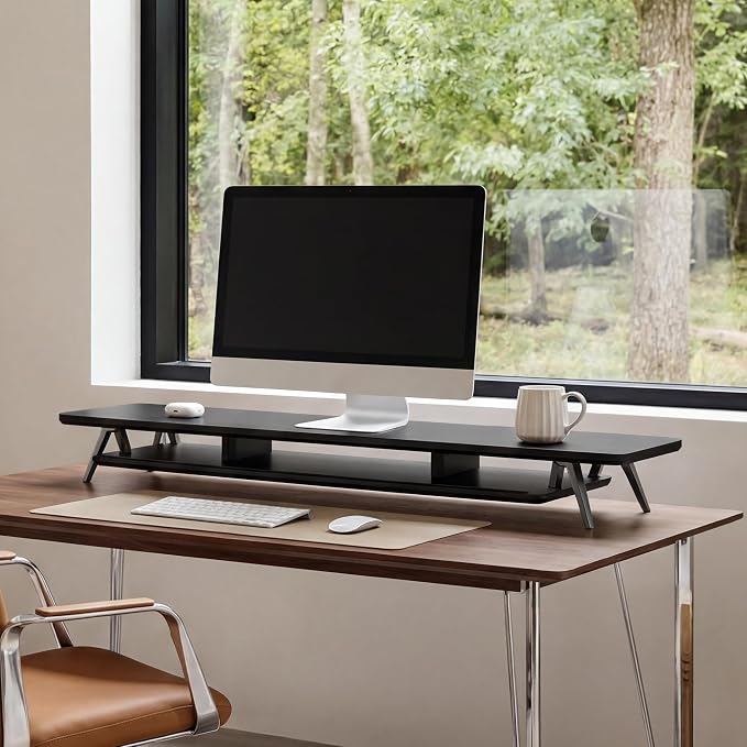 Fenge Dual Monitor Stand Riser, Wooden Desk Shelf with 2-Tier Storage | 47.2-Inch Extra Wide, Sturdy Aluminum Legs, Built-In Phone & Tablet Slot, Desktop Organizer for Office Accessories