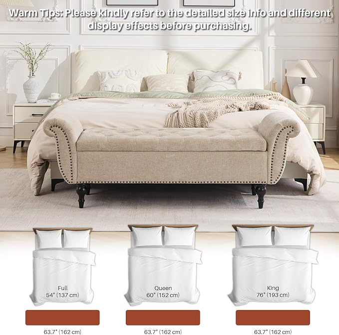 63.8" Storage Bench for Bedroom End of Bed Ottoman Chenille Light Brown | Ultra-soft Breathable Chenille Fabric Upholstered Ottoman Footrest with Rolled Arms for Bedroom Living Room Holds 700lb