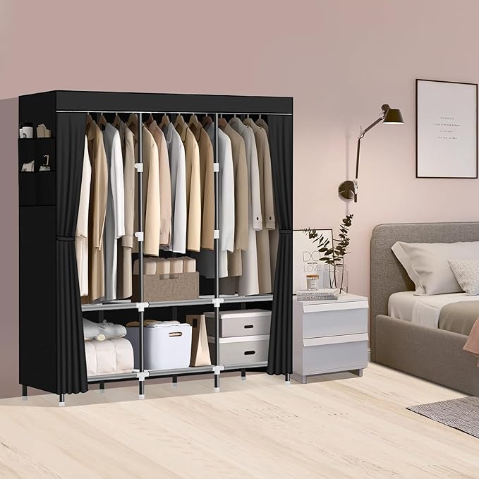 LOKEME Wardrobe Closet,Steel Pipe Diameter 19mm,Portable Closet for Bedroom | Strong and Sturdy Portable Closets for Hanging Clothes with 3 Hanging rods, 6 Storage Shelves and Side Pockets