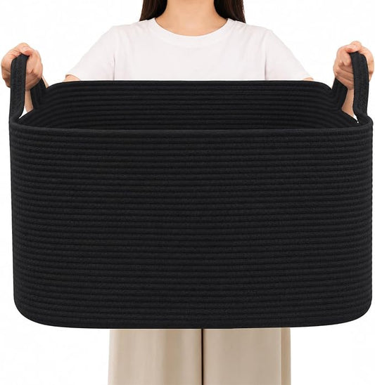 65L Collapsible Woven Rope Laundry Basket with Handles,Black | 21x16x12 Foldable Rectangular Blanket Basket for Toys, Clothes & Pillows,Ideal for Nursery, Bathroom, Bedroom, Living Room
