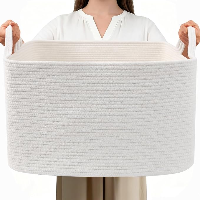 96L XXXLarge Woven Laundry Basket with Sturdy Handles - White | 24x16x15 Foldable Rectangular Blanket Basket for Toys, Clothes & Pillows,Ideal for Nursery, Bathroom, Bedroom, Living Room