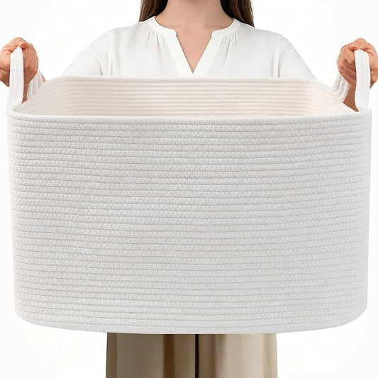 96L XXXLarge Woven Laundry Basket with Sturdy Handles - White | 24x16x15 Foldable Rectangular Blanket Basket for Toys, Clothes & Pillows,Ideal for Nursery, Bathroom, Bedroom, Living Room
