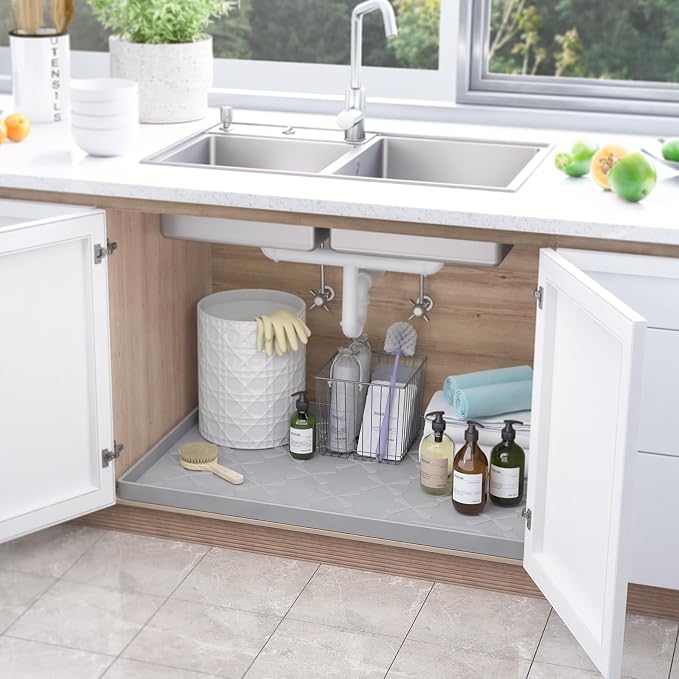 SIKADEER Waterproof Under Sink Mat Food-Grade Kitchen Shelf Liner 34" x 22" | Thick Raised Edge Cabinet Protector, BPA Free Kitchen Organizer and Storage, Non-Slip Dog & Cat Mat, Silicone Drying Mat