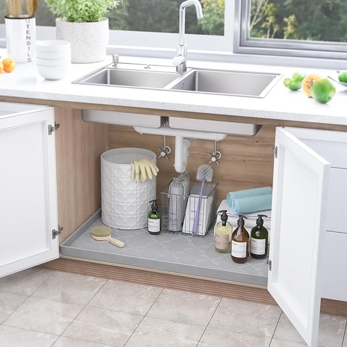 SIKADEER Waterproof Under Sink Mat Food-Grade Kitchen Shelf Liner 37" x 22" | Thick Raised Edge Cabinet Protector, BPA Free Kitchen Organizer and Storage, Non-Slip Dog & Cat Mat, Silicone Drying Mat