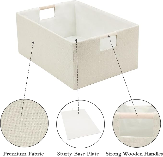 Foldable Fabric Storage Cubes, Cloth Storage Baskets with Wooden Handles, Shelf Closet Organizer Bins, Rectangular Linen Storage Boxes for Decor, 16.5 x 12.2 x 6.7 Inches