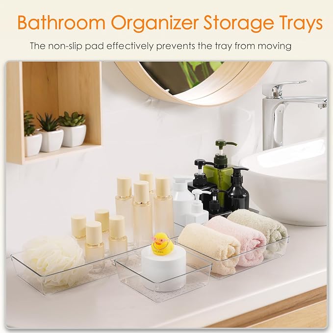 Criusia Drawer Organizer, 10 Pack Large Clear Plastic Set, 3 Size Versatile Bathroom and Vanity Organizer Trays, Storage Bins for Makeup, Bedroom, Kitchen Utensils