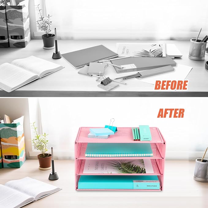 Paper Organizer Tray, 3 Tier Mesh Desk File Organizer Letter Sorter Holder for Home Office, Pink