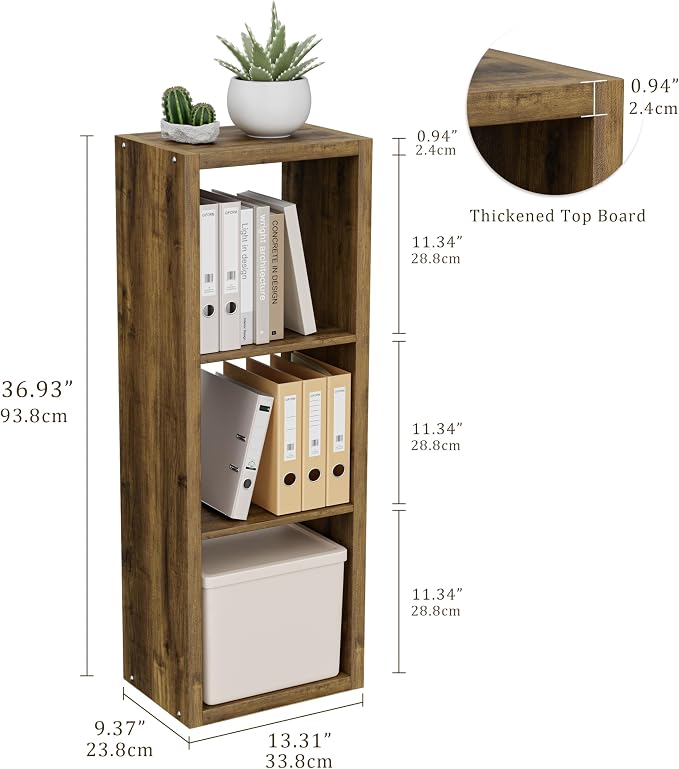 VDNEND Cube Storage Organizer Bookcase, 3 Tier Decorative 11 inch Open Back Cubical Shelf with Thickened Border, Display Bookshelf for Living Room, Home Office, Sturdy Room (Brown, 3 Cube)