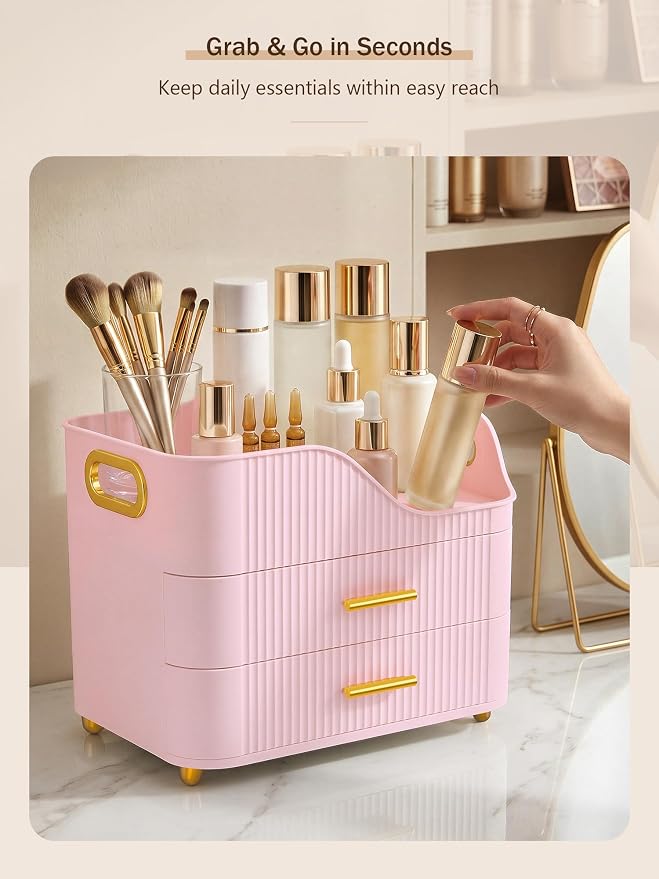 Booklov Large Makeup Organizer for Vanity, Bathroom Countertop, Pink | Plastic Cosmetic Display Case with Drawers, Beauty Brush Holder for Dresser Counter Skincare Eyeshadow Lipstick Storage
