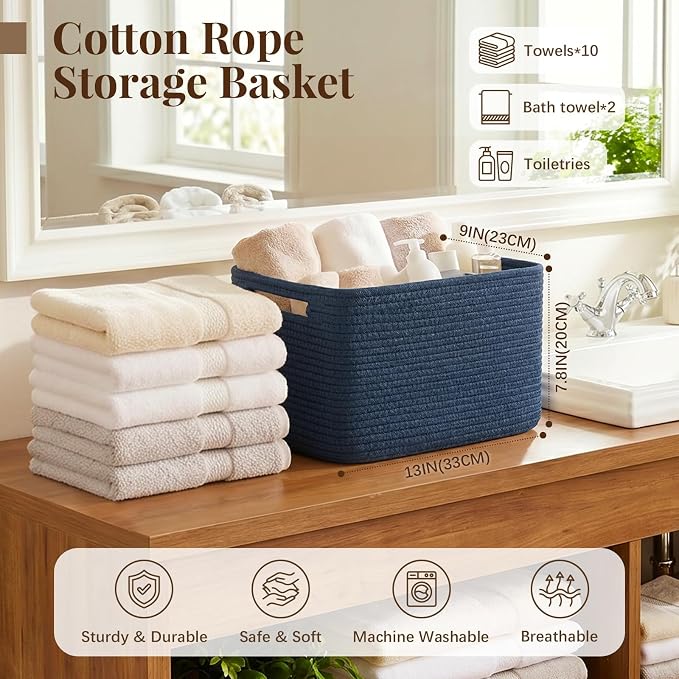 OIASKET 4Packs Natural Cotton Rope Storage Baskets for Organizing Toys, Clothes, Towels & Books, Soft Versatile Organizers for Shelves, Home Decorative Bins, 13''Lx9''Wx7.8''H, Blue