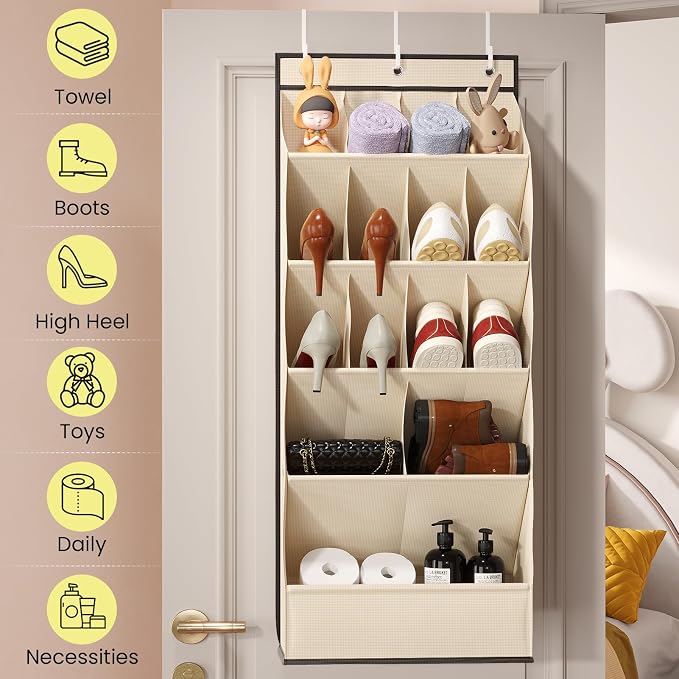 Mefirt Over the Door Shoe Rack for Closet Fit 18+ Pairs, Door Shoe Organizer with Large Breathable Pockets, Hanging Shoes Rack Fit Boots, Behind the Door Shoe Holder for Categorized Storage, Beige ﻿