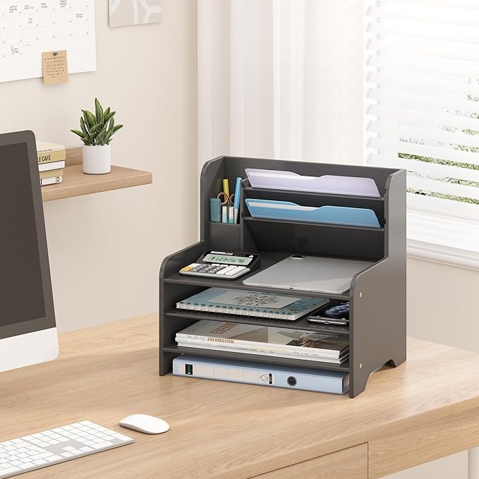 Bamboo File Organizer for Desk, Paper Tray with Pen Holder | Open tiers and a pen holder sort Letter/A4 paper, folders and office supplies while keeping your workspace clutter-free