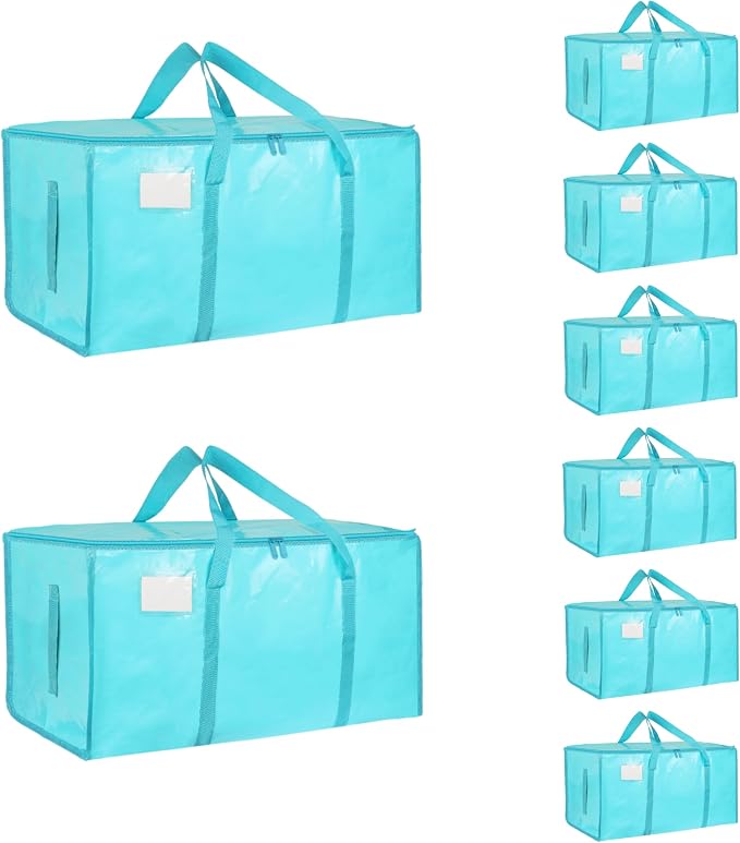 8 Pack-Extra Large Heavy Duty Moving Bags - Waterproof Storage Totes with Handles & Zippers, Foldable for College Dorm, Storage (lake blue)
