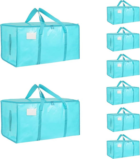 8 Pack-Extra Large Heavy Duty Moving Bags - Waterproof Storage Totes with Handles & Zippers, Foldable for College Dorm, Storage (lake blue)