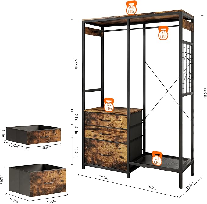 Heavy Duty Clothes Rack with 3 Drawers & LED Light, Garment Rack with 3 Shelves, Free Standing Wardrobe Organizer with 8 Hooks for Bedroom, Small Space, Garming Room（37.8"W x 66.93"H, Rustic Brown）