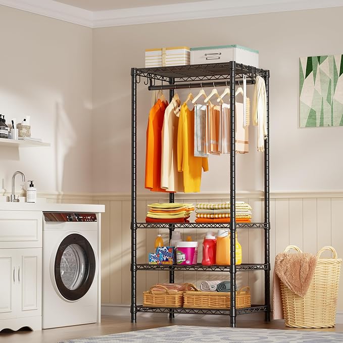 Ulif H4 Mini Portable Closet, 4 Tiers Freestanding Clothing Garment Rack for Small Space, Metal Clothes Wardrobe System for Bedroom, 23.6" W x 14" D x 76.4" H, Load 502 lbs, Black | Metal Clothes Wardrobe System for Apartment, Small Space and Bedroom, ...
