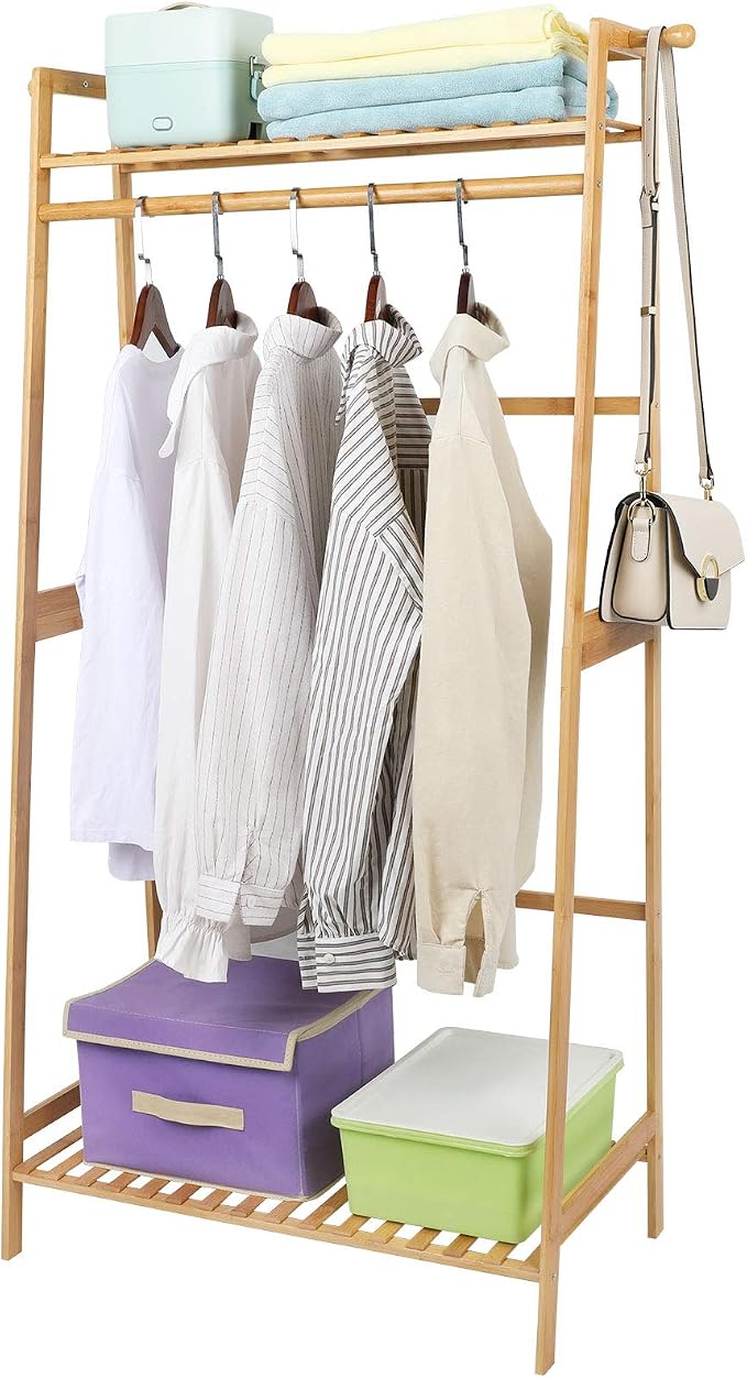 Ufine Bamboo Clothes Hanging Rack with 2 Tier Storage Shelves, 2 Coat Hooks | Portable Laundry Rack Closet Organizer Garment Rack for Bedroom Guest Room