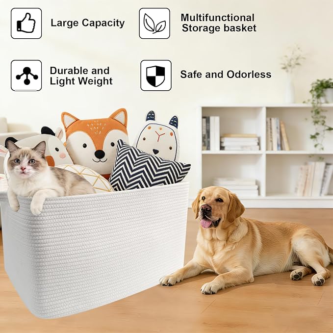 65L Collapsible Woven Rope Laundry Basket with Handles, White | 21x16x12 Foldable Rectangular Blanket Basket for Toys, Clothes & Pillows,Ideal for Nursery, Bathroom, Bedroom, Living Room