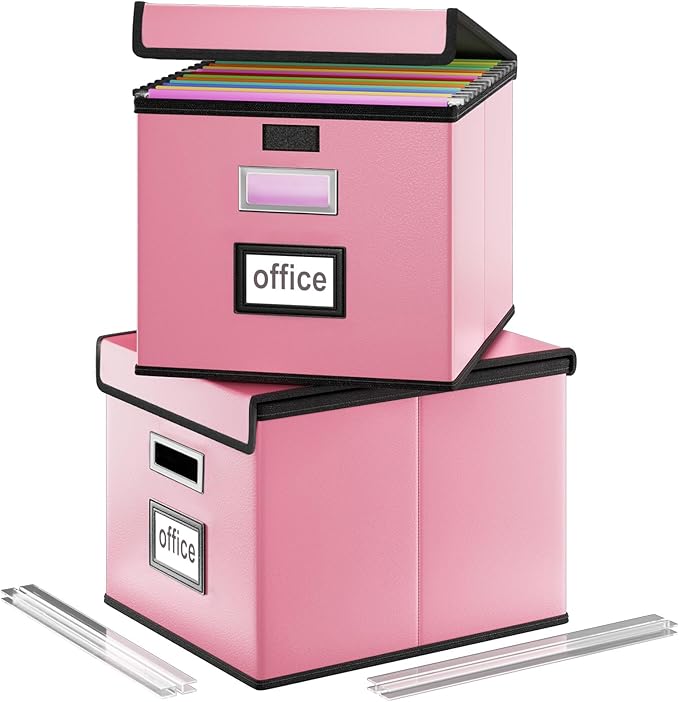 File Organizer Box with Lids, Collapsible File Folder Organizer | File Box with Plastic Slides for Document, Filing Bin for Letter Size Hanging File Folders (2 Pack, Pink, Leather)