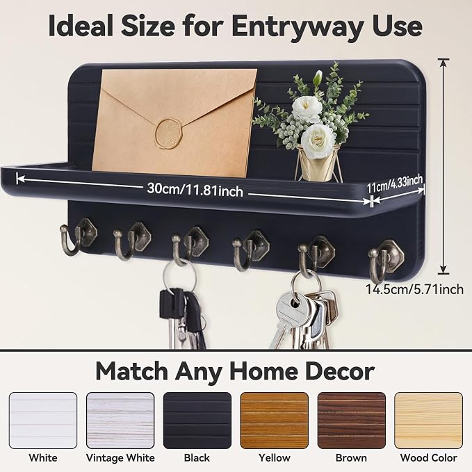 Key Holder for Wall, Mail Organizer Wall Mount with 6 Hooks Wooden Hanging Key Rack for Home Decor, Hallway, Entryway (Black)