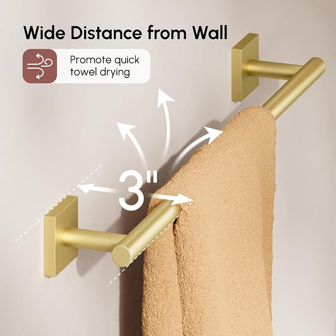 Brushed Gold Towel Bar, 18 Inch Towel Racks for Bathroom | Thicken 304 Stainless Steel Towel Holder with Square Base, Towel Rod Wall Mounted, Modern Home Decor (Total Length 20 Inch)