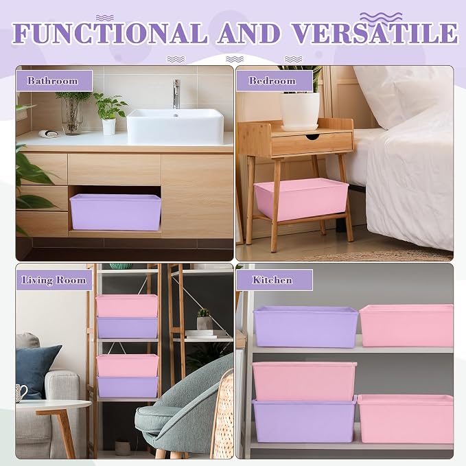 6 Pcs Large Plastic Storage Bins with Lids 14.4 x 10.4 x 5.1 Inch Stackable Storage Containers Decorative Cubby Organizer for Clothes Shelves Garage Closet Office (Pink, Purple)