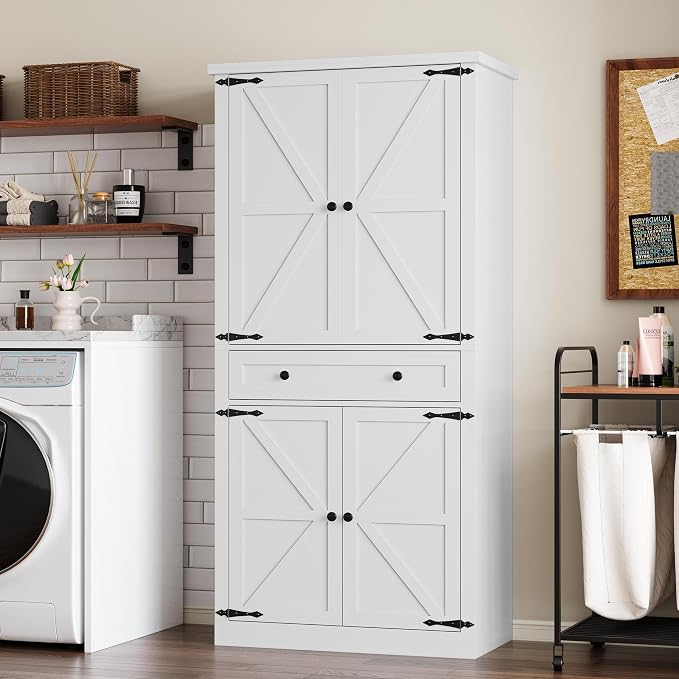 BORNOON Pantry Organizers and Storage Cabinet, 67.7” Barn Door White Kitchen Cabinet with Drawers and Adjustable Shelf, Tall Pantry for Kitchen, Dining Room, Living Room