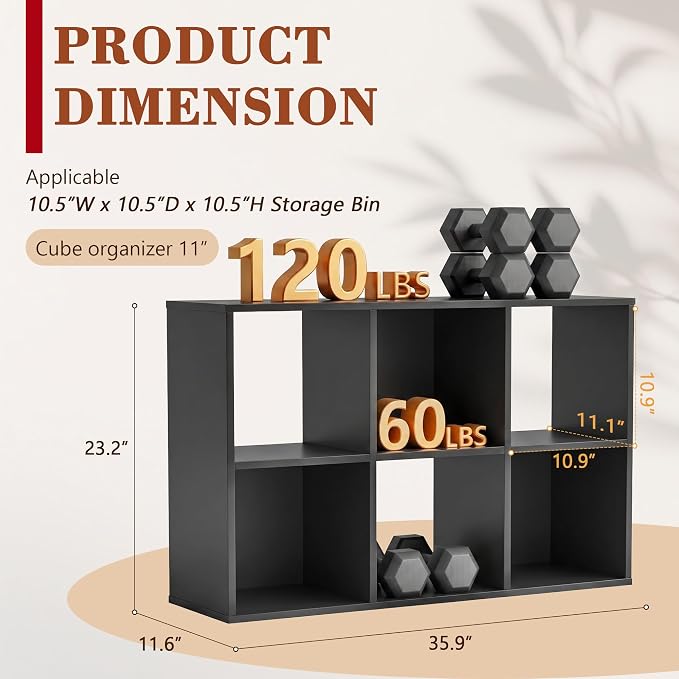 6 Cube Storage Organizer, Black Cube Bookshelf, Multifunctional Bookcase | 3-Tier Floor Standing Open Bookshelf with Removable Back Panels, Display Cabinet for Study Dining Room Home Office Bedroom