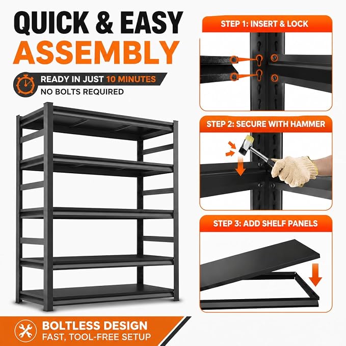 PRESTELION Garage Shelving 3000 LBS Adjustable Metal Storage Shelves | Garage Shelving Unit 72"H×35.4"W×15.7"D, Boltless 5-Tier Rack for Garage Kitchen Pantry Basement Warehouse Bedroom, Black
