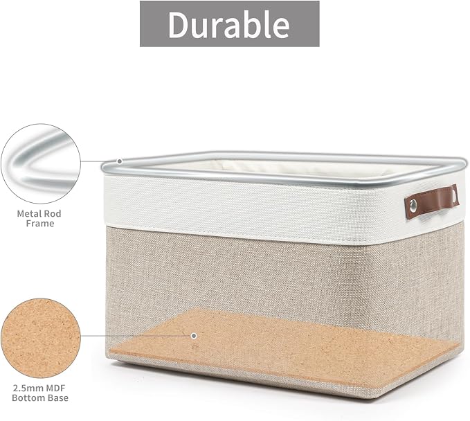 Bagnizer Storage Bins Large Fabric Storage Baskets for Shelves 3 Pack, Decorative Linen Closet Baskets with Handles for Organizing, Shelf, Clothes, Home, Office, 15x11x9.5Inches (Beige&White)