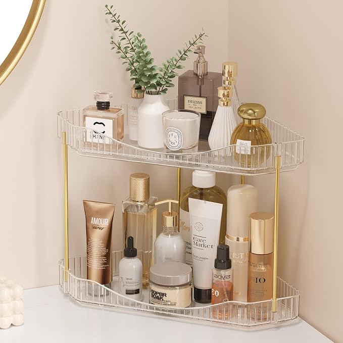 Lifewit 2 Tier Corner Bathroom Counter Organizers and Storage, Clear | Plastic Makeup Skincare Organizers Countertop, Large Sink Cosmetic Perfume Shelf for Bedroom, Dresser, Kitchen, Vanity