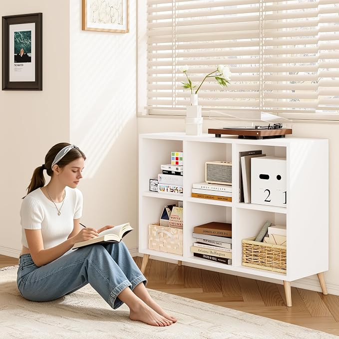 6 Cube Storage Organizer, Wood Bookcase with Legs, Modern Freestanding Cubby Shelving Unit, White Book Shelf Toy Storage Cabinet for Bedroom, Living Room, Kids Room, Fits 11 Inch Bins