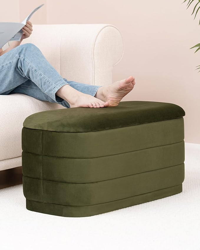 B FSOBEIIALEO Velvet Storage Ottoman with Tray, Folding Ottoman with Storage Coffee Table Shoes Bench for Dorm Room, Living Room Olive, 30"x15"x15"
